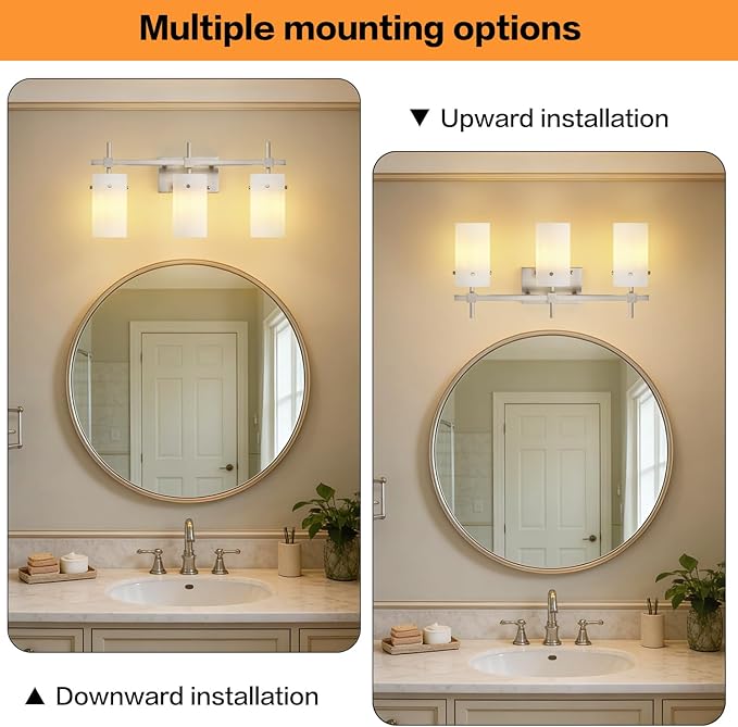 SOLFART Brushed Nickel Bathroom Light Fixtures, 3-Light Modern Vanity Light Over Mirror, Wall Sconces with Milky White Frosted Glass Shades, E26 Socket (Bulbs Not Included)