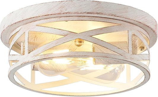 Indoor Flush Mount Ceiling Light Fixtures, 2-Light Cage Cross Close to Ceiling Mount Lights, E26 Base Vintage Hanging Lights for Kitchen Bedroom Living Room, White and Gold