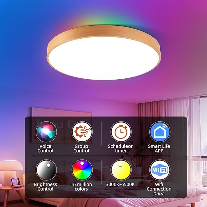 HOREVO Smart Flush Mount Ceiling Light with Remote - Alexa/Google Home Compatible, Dimmable RGB Color Changing (2700K-6000K), 12" Modern Minimalist wood ceiling light for Bedroom/Living Room/Kids Room