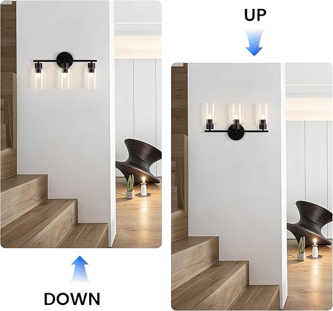 3-Light Bathroom Light Fixtures, Black Vanity Lights Over Mirror, Modern Bathroom Vanity Light with Clear Glass Shade and E26 Base, Matte Black Vanity Lights for Bathroom Kitchen Hallway