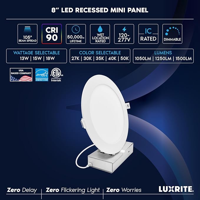 LUXRITE 8-Inch LED Recessed Light with J-Box, Canless Mini Panel Spotlight, 5CCT 2700K-5000K, 13/15/18 Watts, 1050/1250/1500 Lumens, CRI90, Dimmable, 120-277V, IC Rated, Wet Rated ETL Listed (16 Pack)