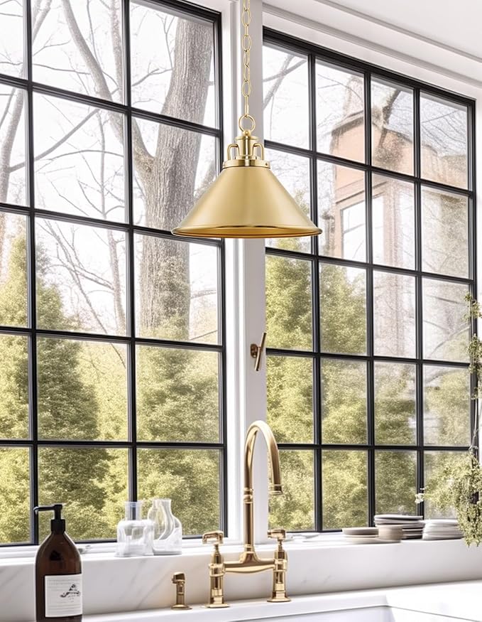 Kira Home Romine 12" Modern Gold Pendant Light with Cone Metal Shade, Mid-Century Gold Hanging Light, Cool Brass Finish