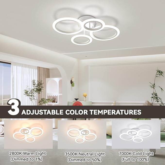 48W LED Ceiling Light, 2800K-7000K Dimmable Kitchen Light Fixtures, White 4 Arylic Ring Flush Mount Lights for Living Room, Round Chandeliers Lampara de Techo for Bedroom, Small Room