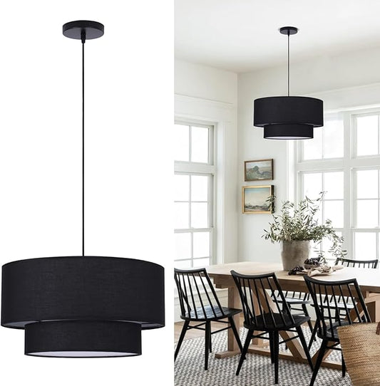 Black Drum Pendant Light Fixtures, 18” Double Drum Chandelier with Fabric Lampshade E26 Base, 3 Light Dining Room Light Fixture, 2-Tier Chandelier for Bedroom and Kitchen(Bulb not Included)