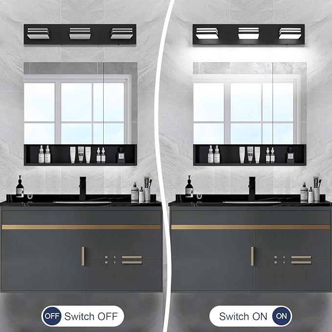 LED Modern Bathroom Vanity Light Fixtures (3-Light, 24-Inch), Matte Black Modern Bathroom Wall Lighting Fixtures Over Mirror (Cool White 6000K)
