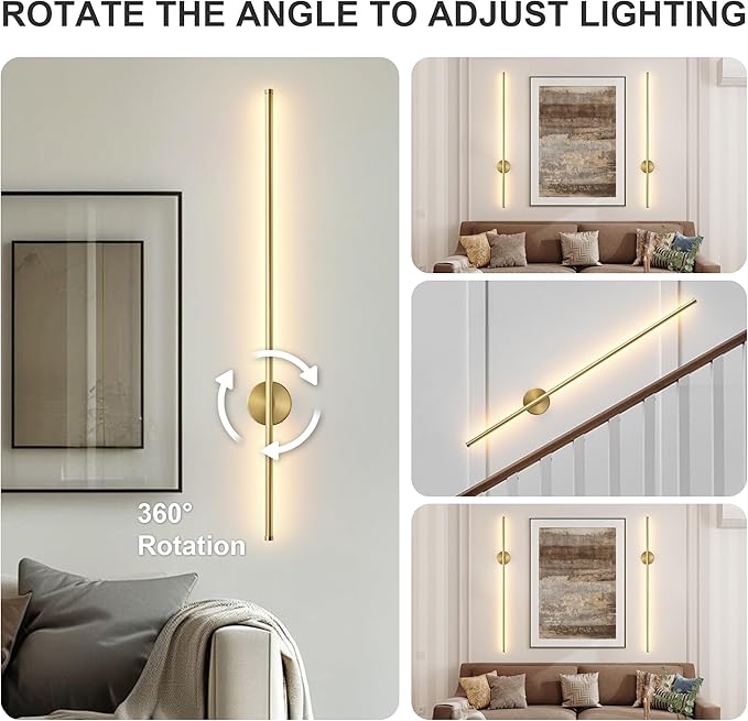 Battery Operated Modern Wall Sconces Set of Two,Rechargeable Wireless Wall Lights with Remote Control,Dimmable,3CCT,Timer,360°Rotation,Cordless Lighting for Bedroom,Living Room,Hallway,Brass,39.3 Inch