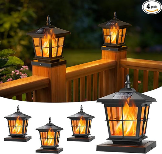 NIORSUN Solar Post Lights Outdoor, Fence Post Solar Lights with Flickering Flame Light, Waterproof, Garden Patio Fence Deck Decor, 4x4 Posts Caps, 4x4, 5x5 Wooden & Vinyl (4 Pack, Black)