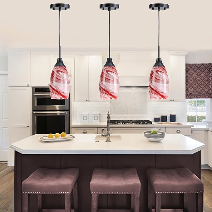Viinew Mini Glass Pendant Light,3-Pack Handblown Burgundy Marble Art Glass Hanging Light 4.72" Oval Ceiling Hanging Light Fixture for Dining Room Kitchen Island Cafe Foyer Hallway