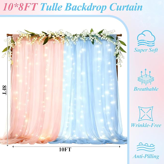 Ledido 10×8ft Pink Blue Tulle Backdrop Curtains with Lights String - 300LED Fairy Lights Sheer Curtain Backdrop for Gender Reveal Baby Shower Photo Shoot Birthday Party Decoration(2 Panels 5×8ft)
