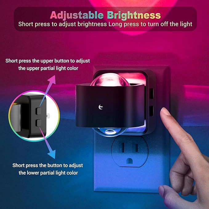 JandCase Night Lights Plug into Wall,10-Colored Changing Night Light for Kids, 2 Pack 180° Rotatable Plug RGB LED Nightlight with Dusk to Dawn Sensor for Halloween Decoration, Children Room,Party