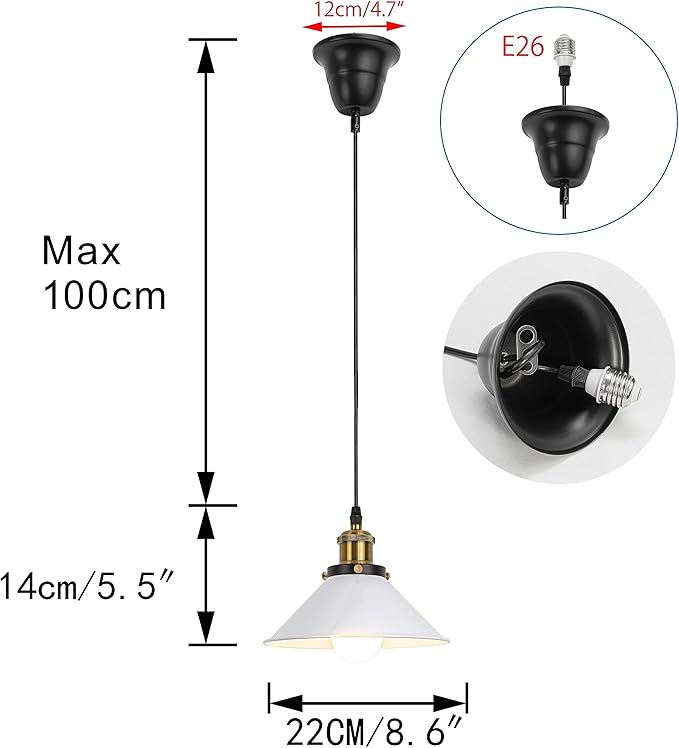 1 Pcs Ceiling Lights Conversion Pendant E26 Base Connections Adjusted Wire Length Cone Metal White Lampshade Industrial Style Conversion Kit for E26 Ceiling Lamp Fixtures