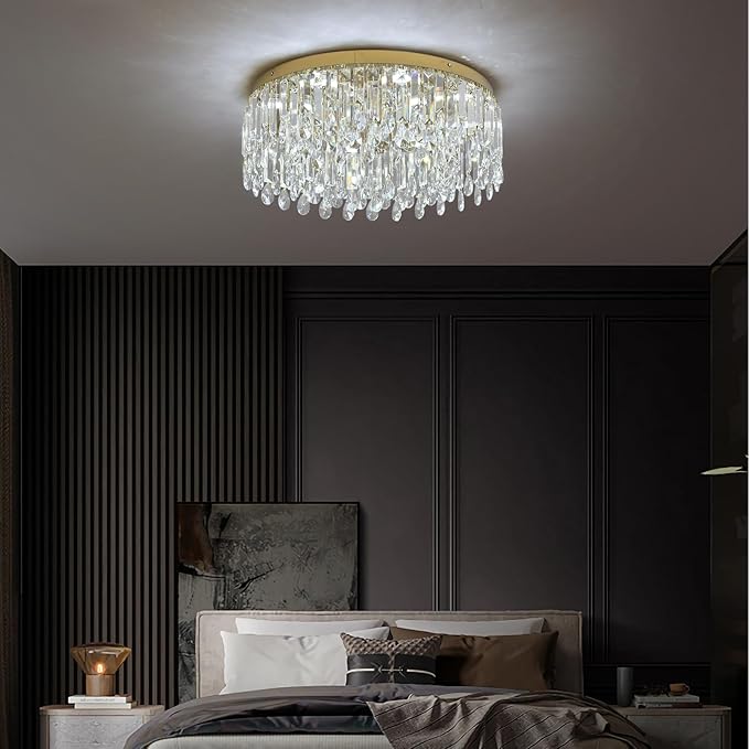 Deckrico 19.7" Gold Crystal Chandelier, Modern Flush Mount Ceiling Light Fixture Luxury Tri-Color LED Lighting for Living Room Dining Room Bedroom