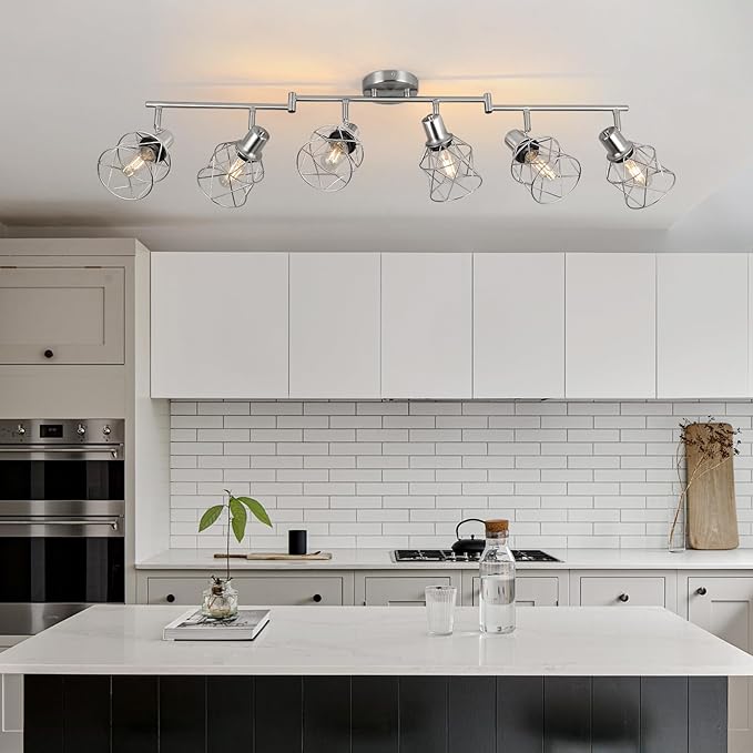 WILON Track Lighting Fixtures, 6-Light Brushed Nickel Flush Mount Track Light Ceiling, 6 Way Spot Light Kitchen Light Fixtures Directional Ceiling Spotlight for Kitchen Hallway Living Room
