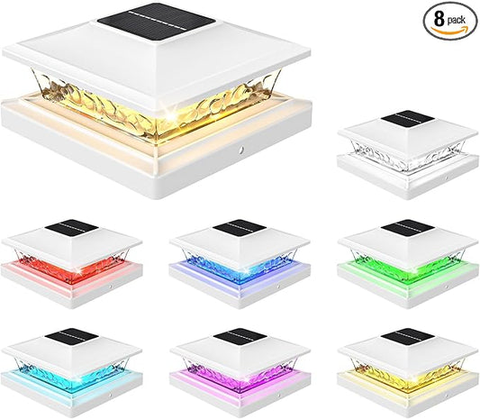 APONUO Solar Post Cap Lights with 8 RGB Solid Colors & Multicolor Flow - 8 Pack Fence Post Solar Lights, IP65 Waterproof - Fits 4x4 5x5 6x6 Wood & Vinyl Posts - White