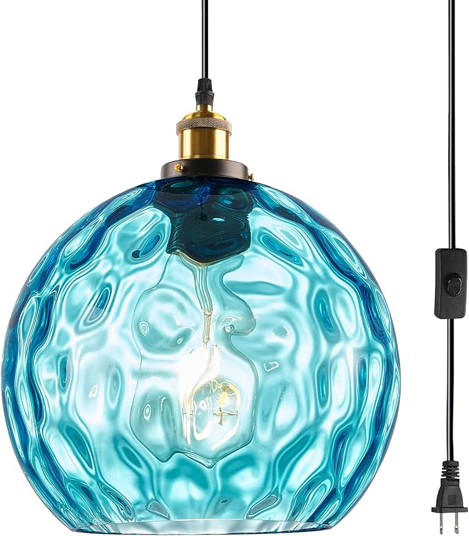 Globe Hanging Light Fixture with Plug in Cord, Blue Coastal Pendant Lighting Plug in, 13.8" Large Hammered Glass Hanging Swag Lamp for Kitchen Dining Room Living Room Bedroom