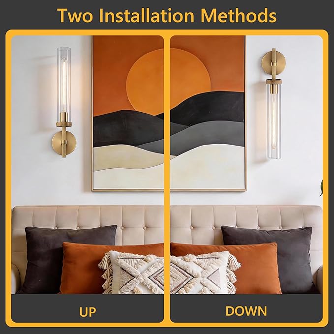Bathroom Sconces Set of 2, 19.5" Brushed Cylinder Wall Sconces, Gold Vanity Lights for Bathroom Mirror with E26 Bulbs Included