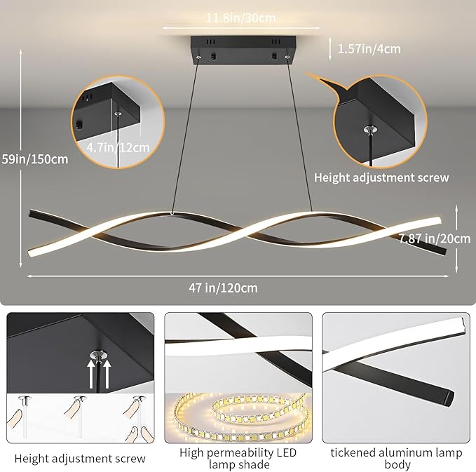 LED Pendant Lights, 3300k-6500K Adjustable Color Temperature Hanging Pendant Lighting, 47.24" Chandelier Dimmable with Remote Control, Aluminum Island Lighting Lamp Fixture for Kitchen, Dining Room