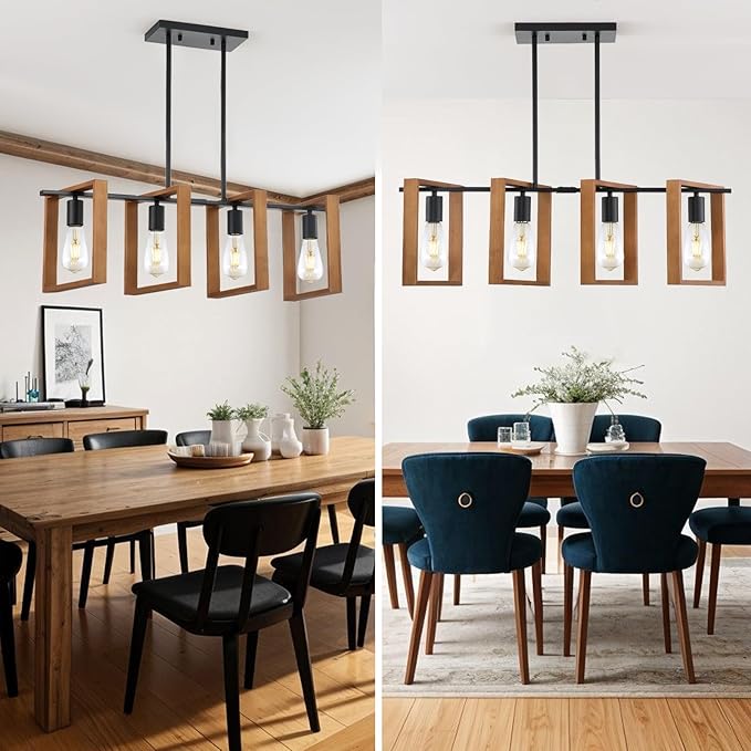 9MMML 4 Lights Island Light for Kitchen,Farmhouse Industrial Rectangle Pendant Light, Black Body+Wood Frame Vintage Chandelier for Dining&Living Room Pool Table Hallway Entryway Foyer,E26