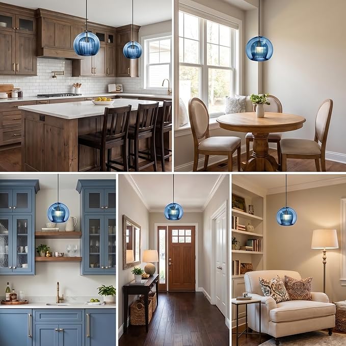 Globe Pendant Light Vintage Blue Glass Pendant Light Mid Century Modern Pendant lamp with 2-Layer Blown Glass Shade Ceiling Hanging Light for Kitchen Living Dining Room Farmhouse