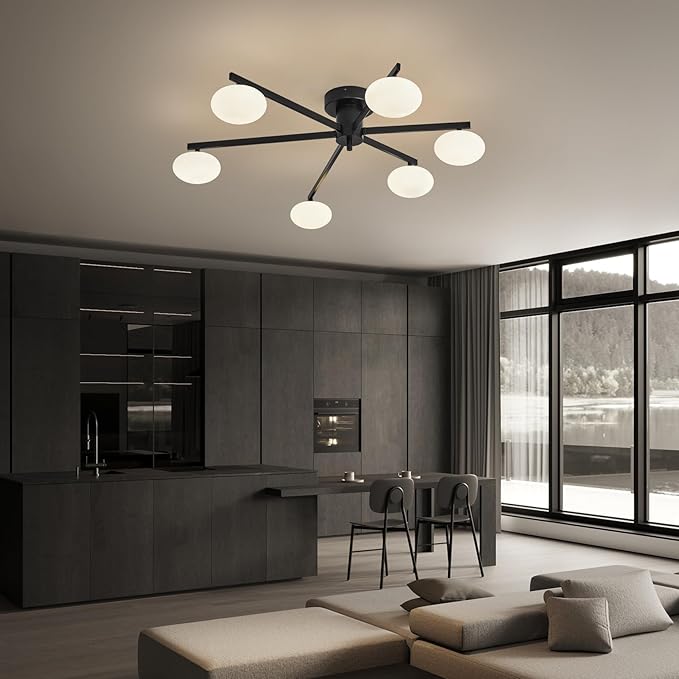 Globe Semi Flush Mount Ceiling Light Black Sputnik 6-Lights Ceiling Lighting Mid Century Modern Close to Ceiling Light for Bedroom Kitchen and Dining Room