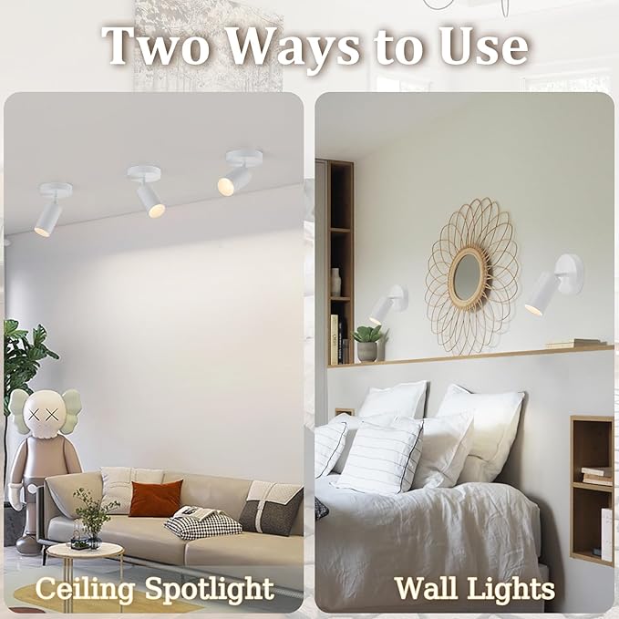 White Spot Lights Indoor 2 Pack LED Ceiling Spotlight Fixtures Adjustable 90° Anti-Glare Spotlight for Living Room, Paintings, Wall Art and Artwork, Warm White 3000K
