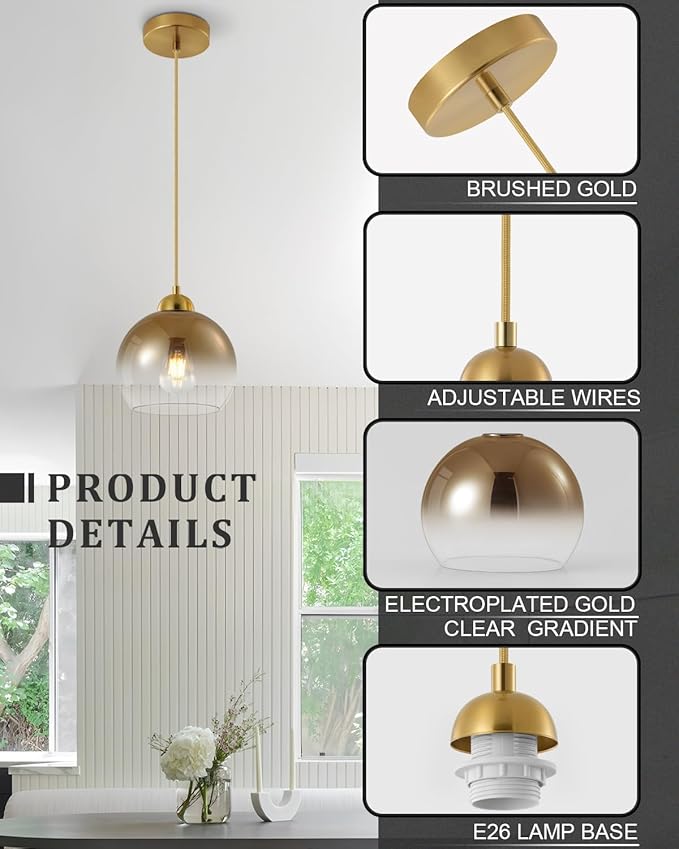 Modern Gradient Gold Glass Pendant Light，7.8-Inch Globe Adjustable Hanging Pendant Light for Bedroom Kitchen Island Dining Room Stairwell