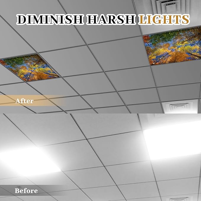 VIHOSE 4 Pcs 2 x 2 Feet Fluorescent Light Covers for Ceiling Lights Classroom Magnetic Light Filters for Reducing Harsh Glare Flicker for Office Classroom Home Drop Ceiling(Trees)