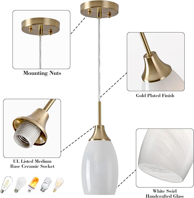 Viinew Mini Glass Pendant Light 4.72" with Handblown White Swirl Art Glass Hanging Light 1-Pack Oval Ceiling Hanging Light Fixture for Dining Room Kitchen Island Cafe Foyer Hallway