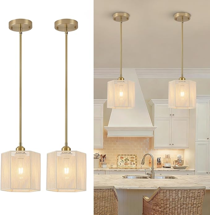 2-Pack Hand-Woven Rattan Pendant Lights, 7.67" Boho Hanging Pendant Light Fixtures, Coastal Hexagonal Mini Island Lights for Kitchen Island, Foyer, Bedroom, E26 Base