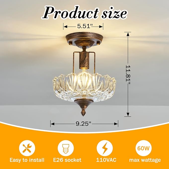UOFUS Glass Ceiling Light Fixture Vintage Small Semi Flush Mount Chandelier Oil Rubbed Bronze Mini E26 Ceiling Lamp for Hallway Bedroom Bathroom Closet