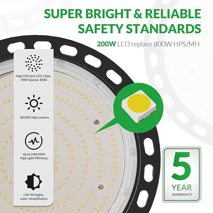 200W UFO LED High Bay Light 28000 LM with US Plug 5ft Cable, 5000K Daylight, Commercial Industrial Warehouse Workshop Factory Barn Garage Area Lighting Fixture, Non-Dim
