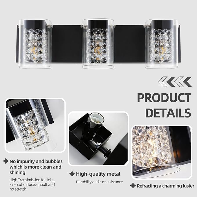 Modern Crystal Bathroom Light Fixtures, 3-Light Black Vanity Lights with Clear Shades, Bathroom Lighting Fixtures Over Mirror Wall Light for Living Room, Decoration,Bedroom（Exclude Bulb）