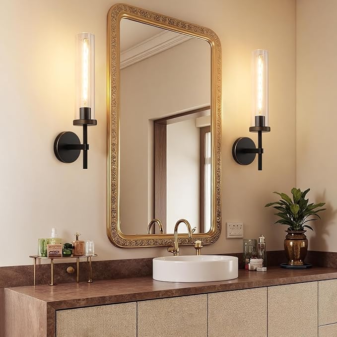 19.5" Knurled Brass Wall Sconces Set of 2, Black Gold Bathroom Vanity Light Fixtures with Clear Glass Tube, Modern Lamp Lighting for Bedroom, Living Room, Hallway, Staircase, Mirror, Kitchen