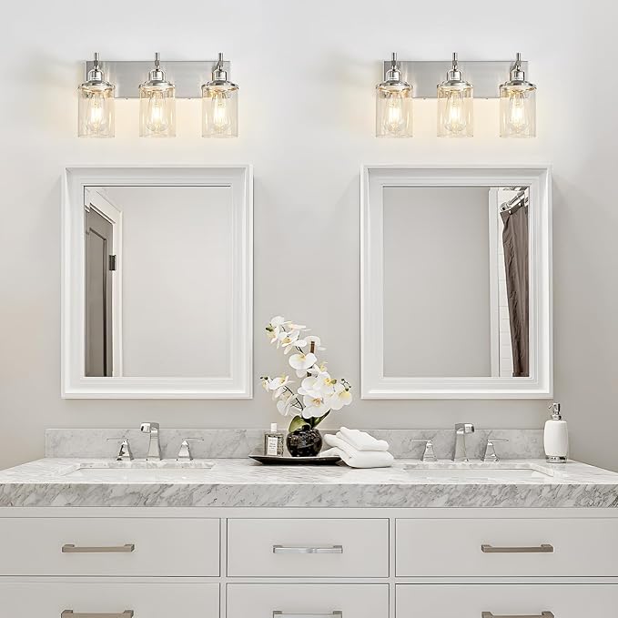 Lanhall 3-Light Brushed Nickel Bathroom Light Fixture Over Mirror Modern Bathroom Vanity Light Vintage Wall Lighting with Clear Glass Shade for Bathroom, Bedroom, Hallway, Cabinet