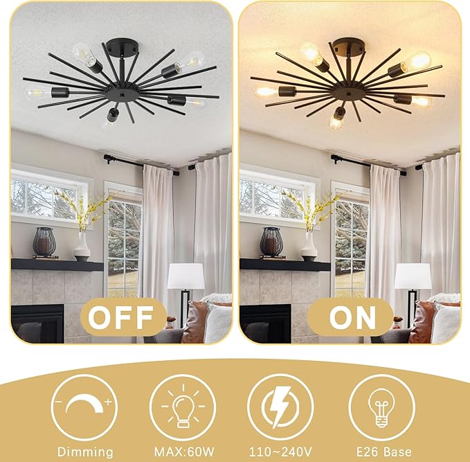 Black Semi Flush Mount Ceiling Light, 27.5 Inch 5-Light Large Sputnik Flush Mount Light Fixtures, Farmhouse Industrial Sloped Ceiling Lighting for Kitchen, Entryway, Bedroom, Living Room