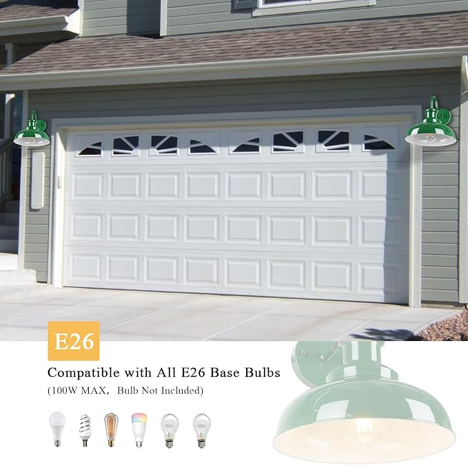Outdoor Barn Lights - Rustic Farmhouse Exterior Mount Lights, Vintage Indoor/Outdoor Wall Lighting Fixtures, Industrial Green White Porch & Garage Lanterns - RZ007-2 GR+WH