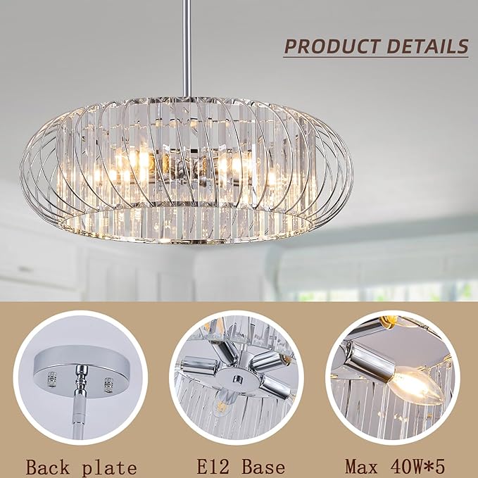 5-Light Semi Flush Mount Ceiling Light, 19 Inch Chrome Metal Cage Hallway Ceiling Lamps, Farmhouse Ceiling Light Fixture, Industrial Crystal Chandelier for Corridor Bathroom Kitchen (E12,19 Inch)