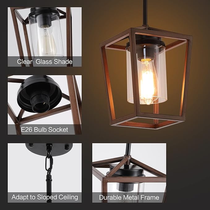 SGLfarmty Pendant Lights for Kitchen Island, 7 Inch Farmhouse Lantern Hanging Light with Clear Glass Shade, Adjustable Height Ceiling Light Fixture Fits Sloped Ceiling for Dining Room Bar Entryway