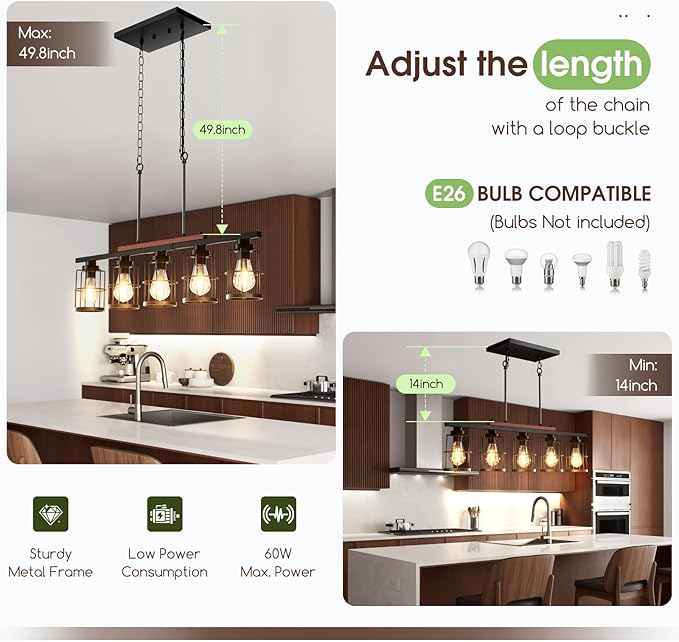 5-Light Dining Room Light Fixture, Chandeliers for Dining Room with Metal Lampshade, 33.4" Kitchen Island Lighting for Dining Rooms, Kitchens, and Islands, with Adjustable Height