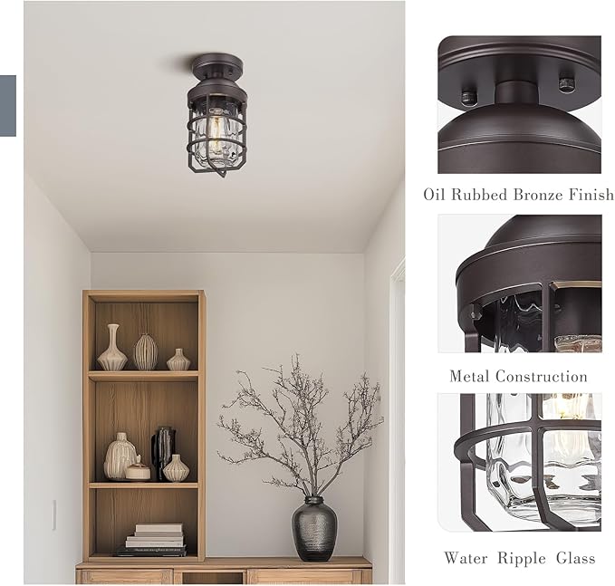 Emliviar Oil Rubbed Bronze Finish Light Fixture Ceiling Mount, Retro 11.1" Semi Flush Lighting with Water Ripple Glass Shade, GE255LF ORB-WG