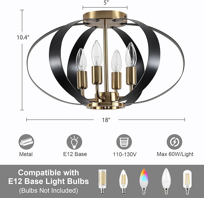 Black and Gold Semi Flush Mount Ceiling Light, 4-Light Farmhouse Modern Light Fixtures Ceiling Mount, Metal Cage Chandelier Lamp for Kitchen, Hallway, Entryway, Living Room, Bedroom