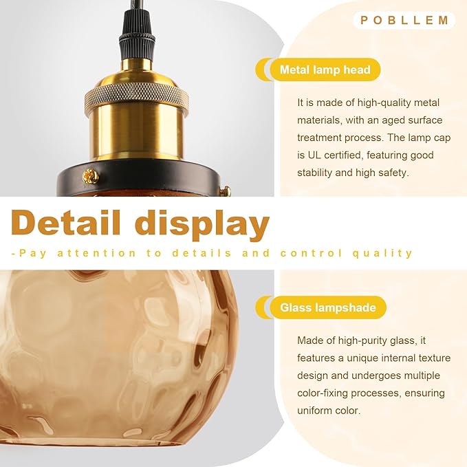 Amber Pendant Lamp Plug in, 13.8" Large Glass Globe Hanging Light Plug in Hanging Lamp with Cord, Vintage Hammered Glass Corded Pendant Light Fixture for Kitchen Dining Room Living Room