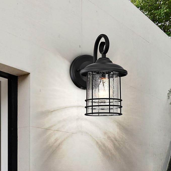 MICSIU 2-Pack 5.5" Wide Compact Outdoor Wall Light, 10" Anti-Rust Textured Black Exterior Lantern for Garage Pillar & Side Door, Narrow Porch Light with Seedy Glass, ETL Listed