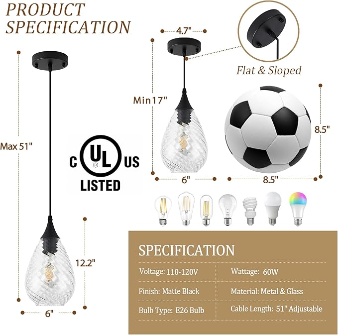 Black Pendant Lights Kitchen Island with Hand-Blown Clear Glass, 1-Light Modern Glass Pendant Light Fixtures, Island Hanging Light for Kitchen Sink Bedroom Dining Room Hallway, E26