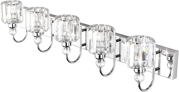 Ralbay Modern LED Crystal Bathroom Vanity Lights 5-Lights Stainless Steel Crystal Vanity Lights Over Mirror Modern Crystal Bathroom Vanity Lighting Fixtures