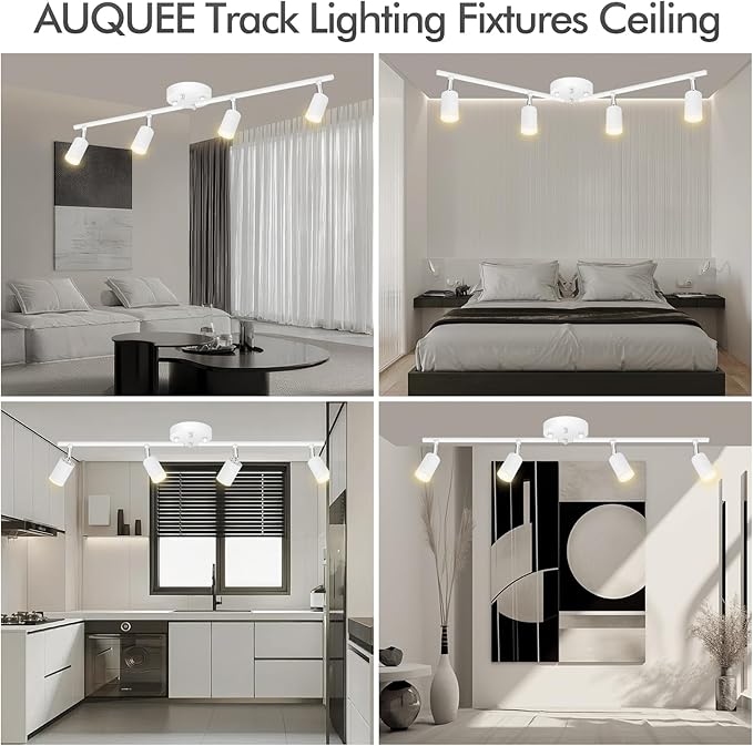 AUQUEE 4 Light Track Lighting Fixtures Ceiling, 16W/2700K White Track Lighting with Acrylic Lampshade & Rotatable Light Heads, 20000hrs Lifespan, Modern LED Track Lights Ceiling for Kitchen/Hallyway