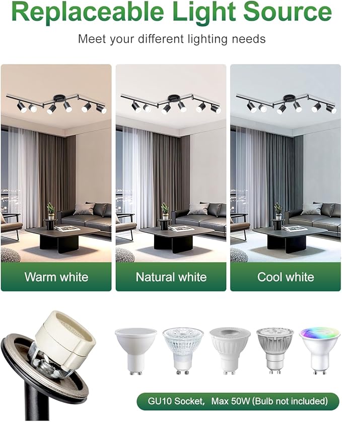 6 Ways Track Lighting, Rotatable Heads Track Light Kit, Track Lighting Fixtures Ceiling with Acrylic Cover, Modern Black Ceiling Spotlight for Kitchen, Living Room, Hallway(Bulbs Not Included)