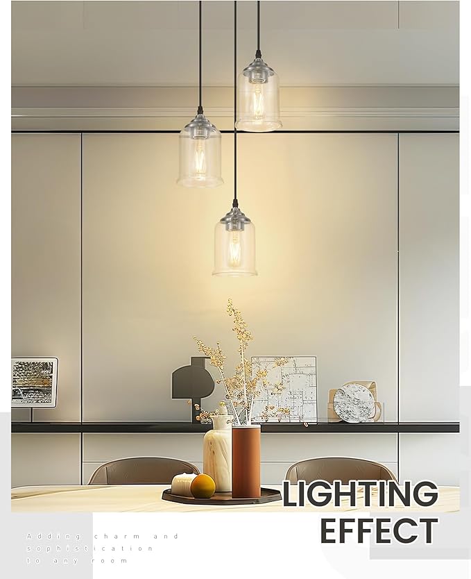 zeyu 3-Light Pendant Lighting, Adjustable Modern Cluster Pendant Light for Kitchen Island, Brushed Nickel Finish with Clear Glass Shade, ZSL104-3 BN