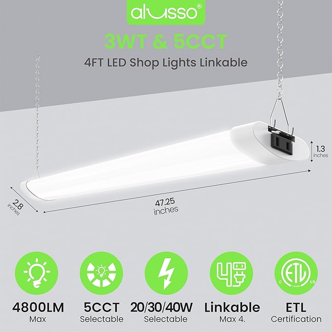 ALUSSO® LED Shop Lights 4FT for Garage, 4800LM Super Bright, Adjustable 2700K-6500K Color Temperature, 120V, Warm to Cool Daylight Linkable Shop Lights for Workshop/Basement, ETL Listed, 10 Pack