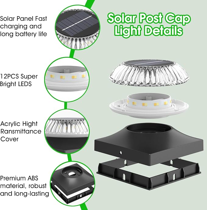 4x4 Solar Post Cap Lights 3 Color Modes, 2 Pack Fence Post Lights Outdoor for Wooden/Vinyl Post, Waterproof Fence Lights Solar Powered Post for Fence Garden, Patio